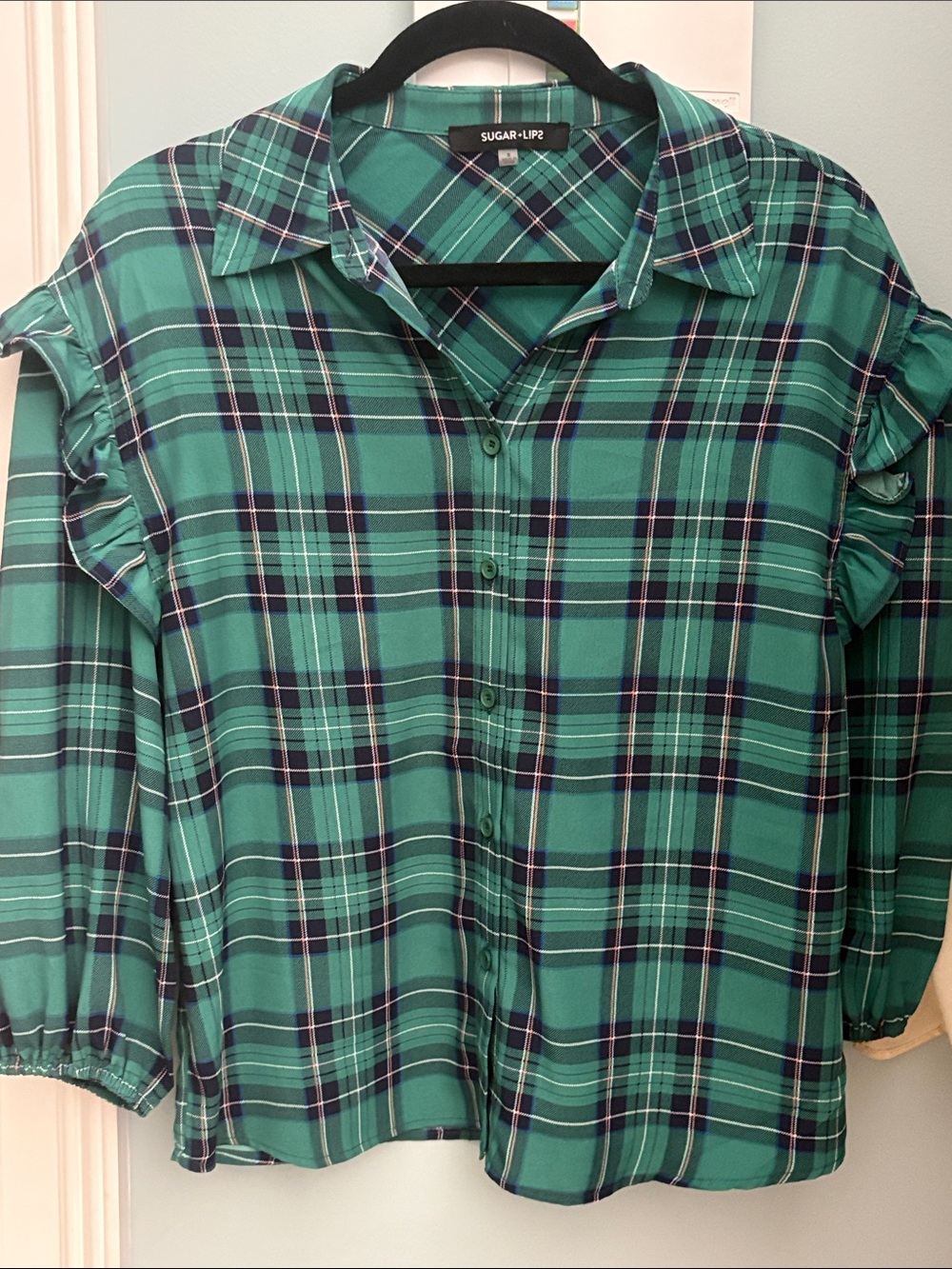 Sugarlips Green Plaid Button-Down Shirt with Ruffle 3/4 Sleeve size Small